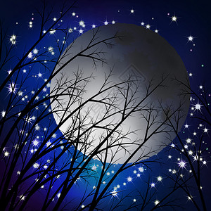 行星天空分支机构夜林月色景观日之风景说明矢量图图片