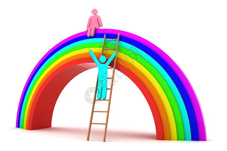 男孩在彩虹3D天体上攀爬女孩白色背景被孤立女士脚步男图片