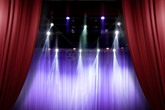 天鹅绒居住剧院戏舞台红窗帘打开供现场表演背景人使用图片