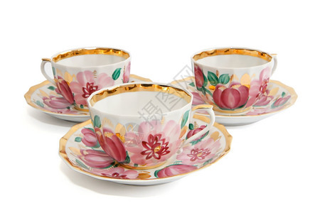 玫瑰花卉画三个粉刷茶杯配有沙司与世隔绝瓷图片