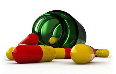白色背景下的药丸和小瓶3d渲染生病的疾药店图片