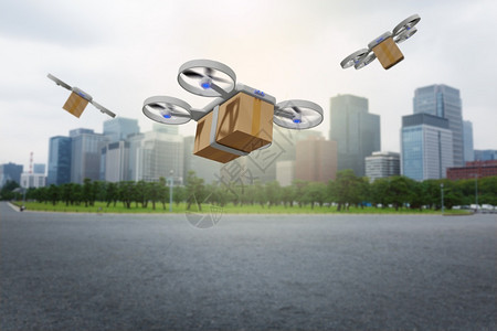 一种无人驾驶飞机在城市中携带送货箱包机器人交图片