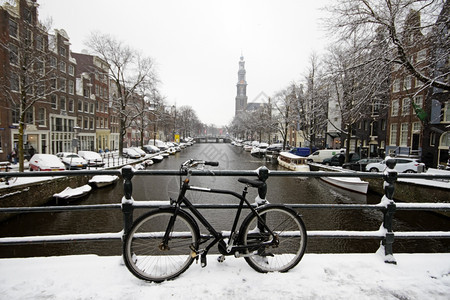 阿姆斯特丹在荷兰冬季被Westerkerk河雪淹没历史的建筑学冬天图片