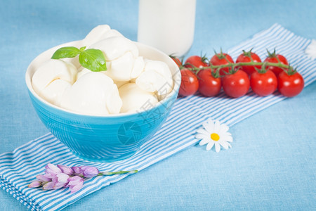 营养乳制品饮食意大利新鲜奶制品如莫扎里拉瑞冰塔和樱桃西红柿图片