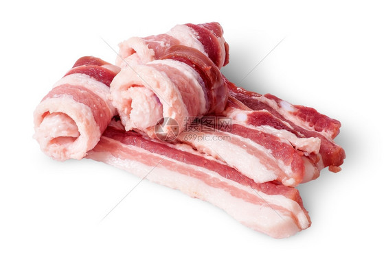 白色背景的三条培根卷片隔离在白色背景上肉美味的晒干图片