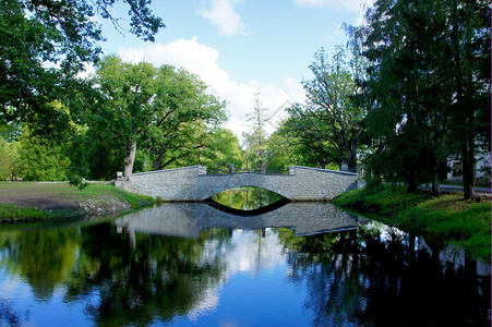 老的景观池塘和树木背景的白色桥面绿图片