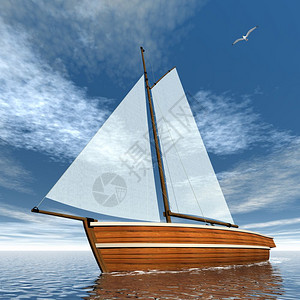 日3D时在海上漂浮的帆船游艇使成为木制的图片