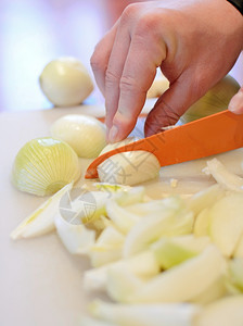厨房手握橙色陶瓷刀将新鲜洋葱切成割板上的小块食物蔬菜图片