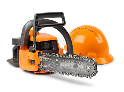 电锯链和橘色硬帽孤立安全概念链锯和安全头盔引擎锋利的图片