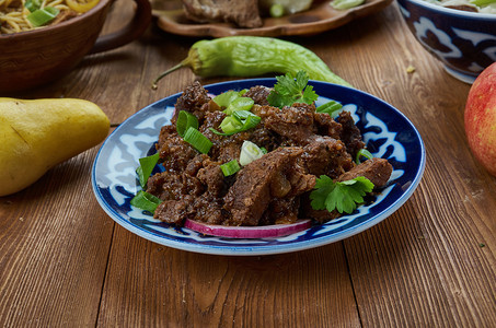 晚餐美食EasyCrispy蒙古牛肉烹饪亚洲传统菜类顶视黄油图片