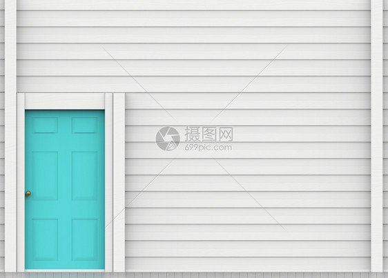 木头3d白色板墙壁背景的浅蓝色门框架建造图片