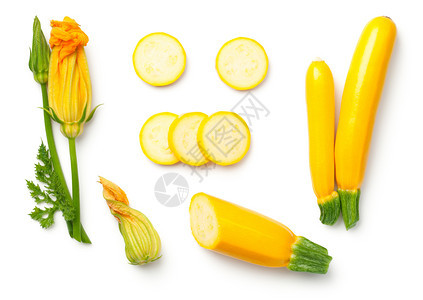 黄色的朱琴尼叶和花在白色背景上被孤立营养叶子蔬菜图片
