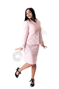 穿着粉色西装与世隔绝成功快乐的软职业女商人站立穿着粉红色西装白的美丽图片