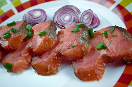 餐饮盐渍选择Rakfisk挪威用鳟鱼或有时加烧盐和发酵制成的挪威鱼盘可口图片