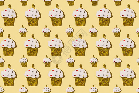 美味的可口黄色背景面的松饼重复模式装饰风格图片