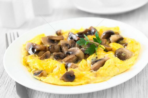 素食主义者法语早餐带有蘑菇的自制煎蛋卷饼与天然光选择焦点相拍摄在图象中间的Omelette和Mushroom图片