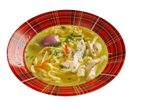 菜单Tokmach泰坦河传统鸡汤和面粉碗黄色的意大利面图片