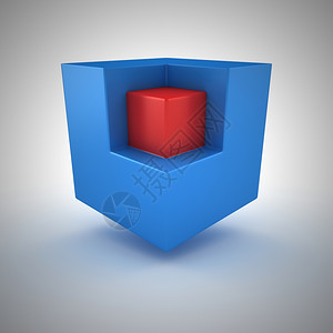 盒子大蓝色立方体里面的红色小立方体形象的几何图片