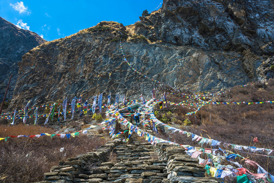 徒步旅行蓝色的通往尼泊尔米拉雷帕山洞的石层楼梯带有多彩旗帜并通向尼泊尔米拉雷帕山洞日巴图片