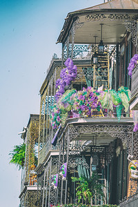 四分之一在路易斯安那州狂欢节活动上装饰了新奥尔良的秃鹰老阳台图片