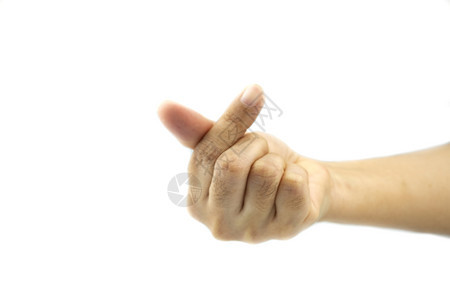 手臂指在白色背景上显示手表示小心脏符号象征图片
