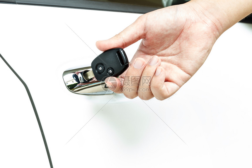 控制无线的按钮把手放在车门洞里的钥匙图片