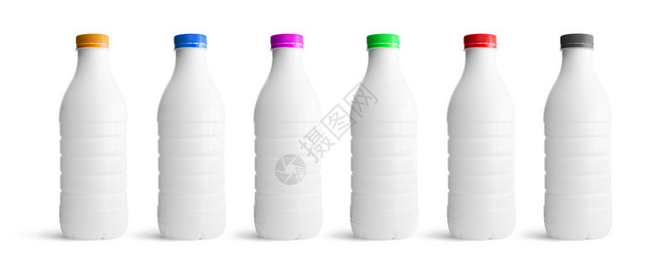 白色背景上隔离的颜色不同有帽的白塑料瓶装饮食健康水图片