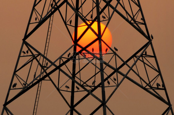电压极的日落光影大太阳和电极的力量缆图片