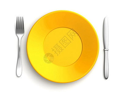 厨具3d白底的刀叉和黄色板银器金属图片