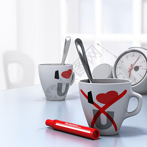 爱与ILoveU的两个杯子和前台一红色概念3D意味着离开关系或婚概念夫妇分手概念夫妻离婚使成为叉图片
