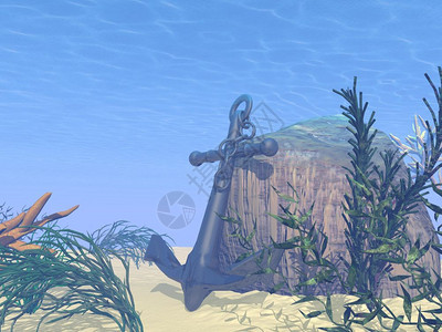 海底形象的水下锚定在沙子上与植物旁边的岩石相靠在下面图片