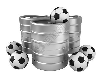 贮藏啤酒金属3个桶和足球杯的交接白底隔离在色背景上酒吧图片