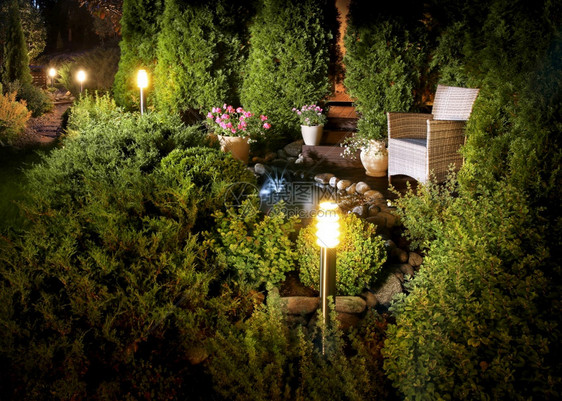 户外公园小型喷泉附近的有照光家庭花园院植物和夜光发的图片
