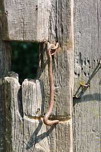 木制的乡村不安全旧木门上生锈的钩子图片