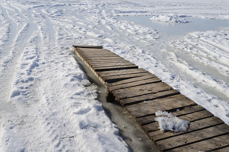寒冷的户外冰冻池塘背景下雪平板脚道日晒冬湖图片