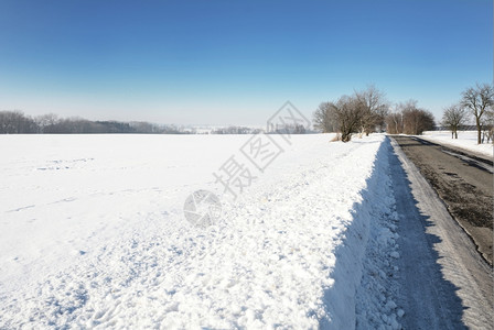 农村冬季风雪田和道路的冬季景点风优美寒冷的树图片