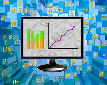 信在监视器39s屏幕上绘制货币标志技术的图表钱抽象的图片