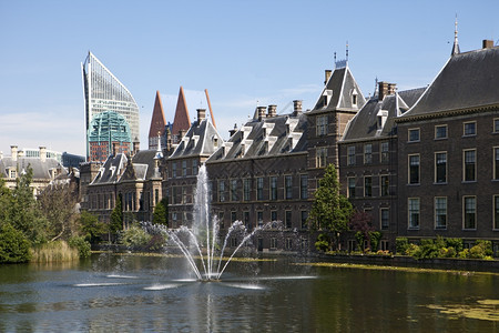 在Hofvijver湖和喷泉上查看的Binnenhof或海牙荷兰议会大楼外部的建造图片