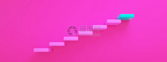 抽象的网络粉红色楼梯通往蓝顶级阶梯或职业生涯3D造影全景图像方向图片