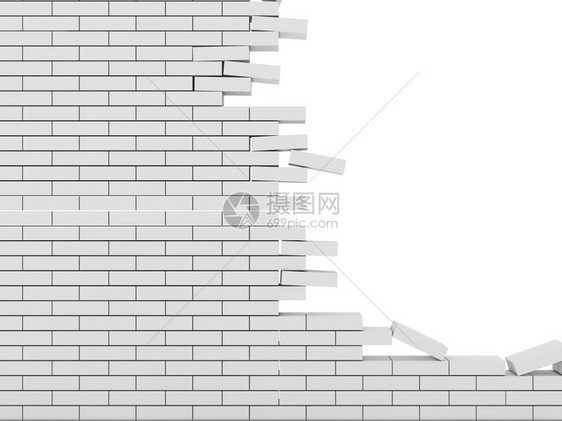 破碎的爆炸插图被白背景孤立的破碎砖墙图片