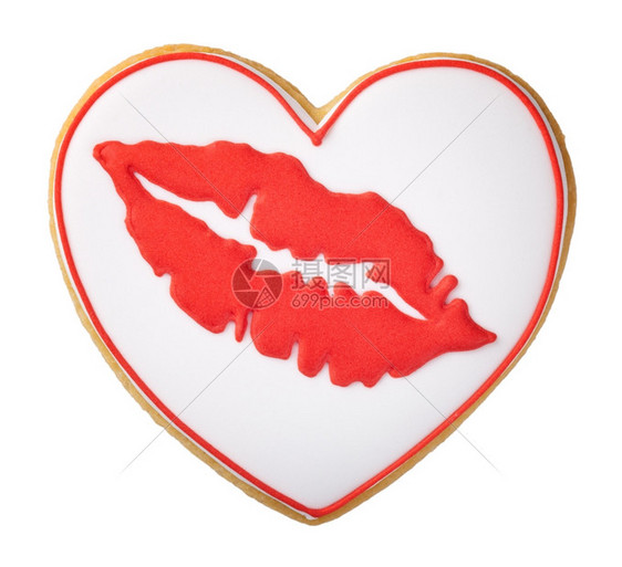 饼干以红嘴唇为心脏形状的Cookie在白背景上被隔离供华伦人日顶视图使用情人节曲奇饼图片