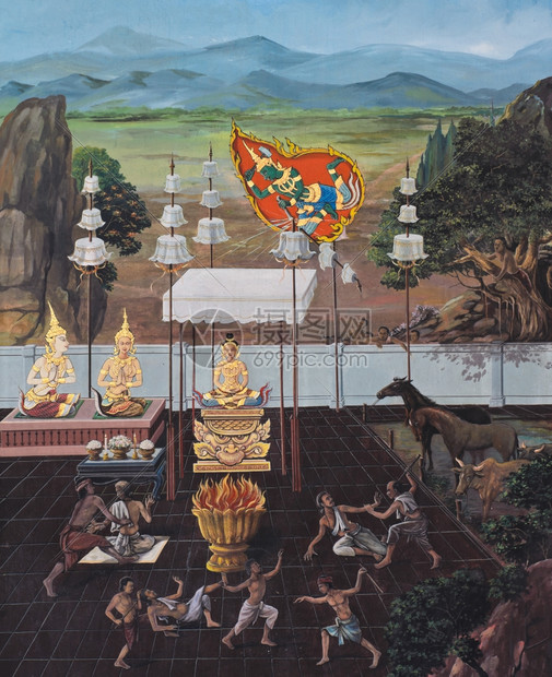 生活绘画神话寺墙上的佛像生命泰国传统壁画图泰国传统壁画图片