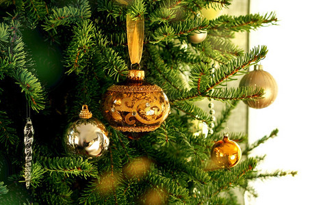 金色装饰品圣诞树枝图片