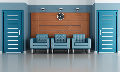 现代候诊室配有三张手椅和两闭门反射坐着空的图片