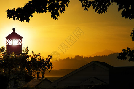 橙树木AlkiPoint灯塔在日落时环视奥运半岛上空一种图片