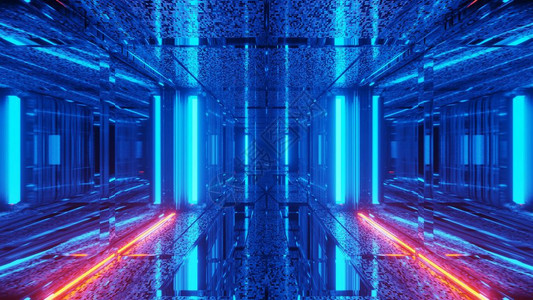 凉爽的蓝色未来科幻隧道走廊的3d插图背景壁纸带有酷炫的闪亮反射美丽的蓝色科幻隧道走廊渲染设计带有发光的霓虹灯插图蓝色未来派科幻隧图片