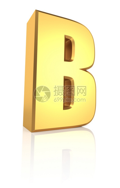 渲染字体B母金属信件在反射地板上白色背景3d金的图片