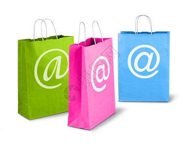 电子商务净贸易概念网上彩色购物袋3个棕纸营销网上商店购买图片