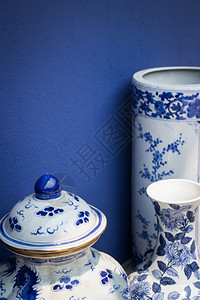 亚洲东方摄影蓝白古董风格陶瓷瓦股票照片图片