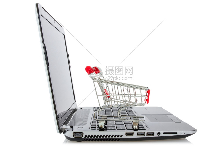 白色背景的笔记本电脑子商业购物车监视器电子商务网络图片